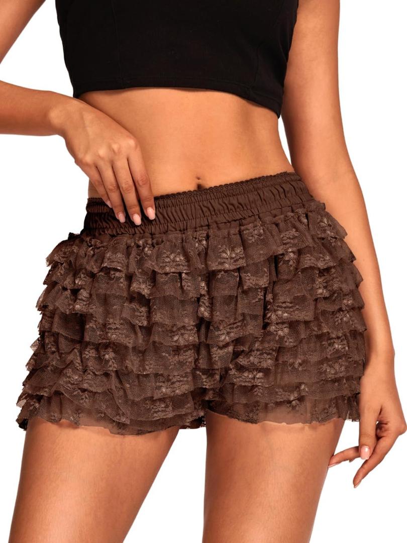High Waisted Ruffle Shorts for Women Girls, Cute Lace Layered Bloomers, Going Out Mini Micro Bloomer (Small, Dark Brown)