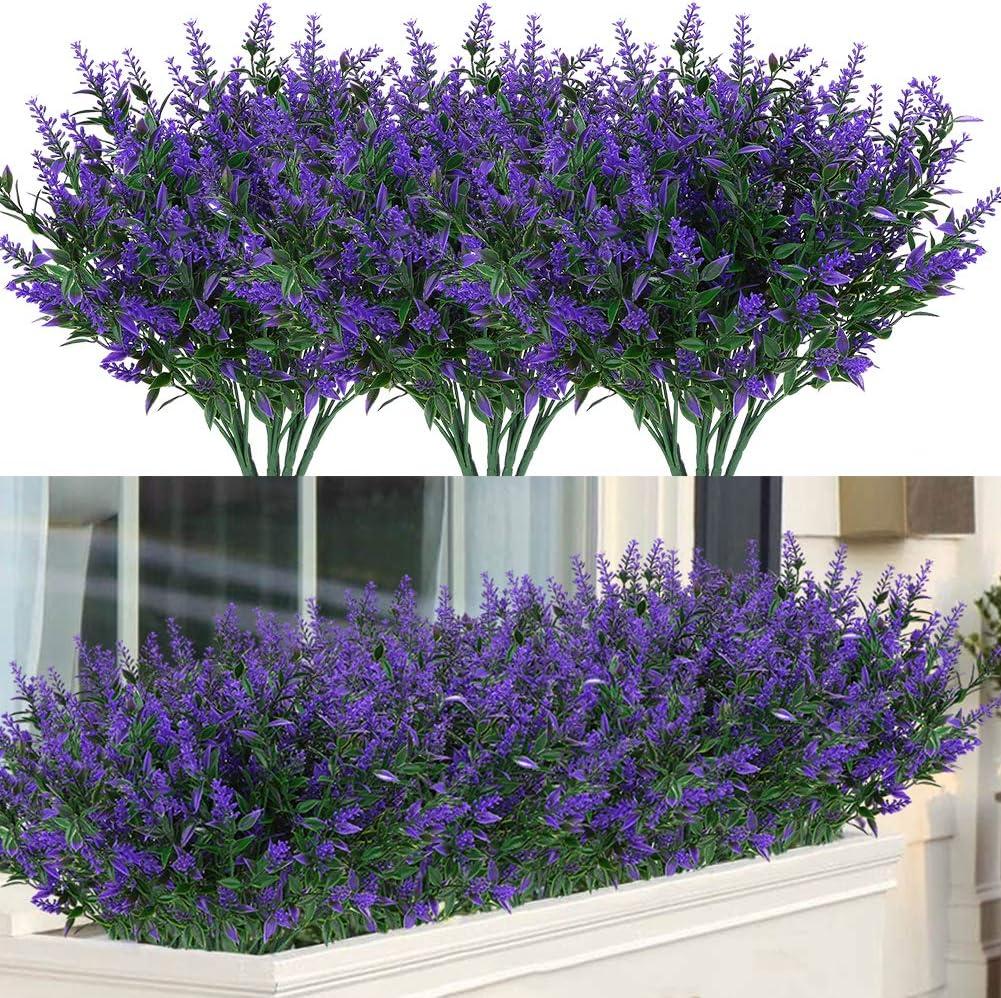 24 Bundles Outdoor Artificial Lavender Fake Flowers UV Resistant Shrubs Plants, No Fade Faux Plastic Greenery for Hanging Plants Garden Porch Window Box Home Wedding Farmhouse Decor (Purple)