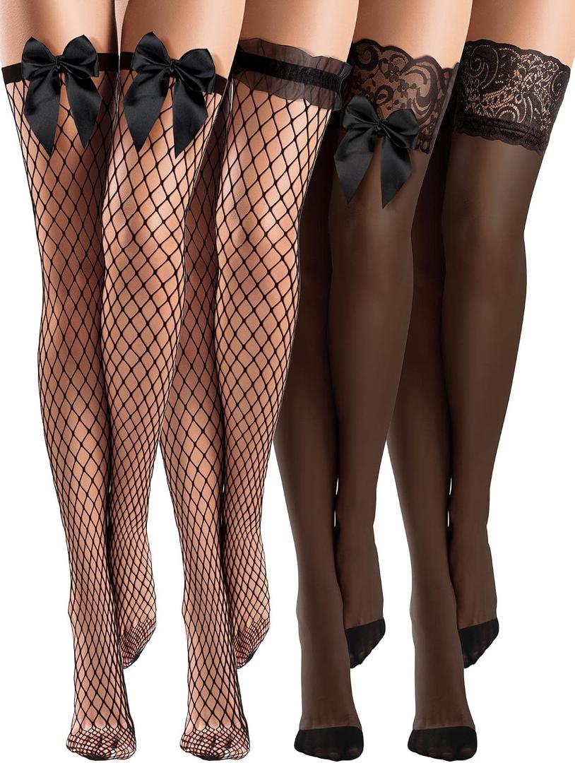 Bencailor 4 Pairs Fishnet Thigh High Stocking Silicone Lace Top Sheer Over Knee Stocking Silky Stockings for Women, Size: X-Large