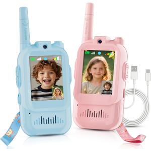 Walkie Talkie for Kids with Video: 2 Pack Rechargeable Toddler Toys with HD Camera & Voice Changer, Long Range Gift Toys for Boy & Girl Age 3-8 for Outdoor Play, Camping (Pink-Blue)