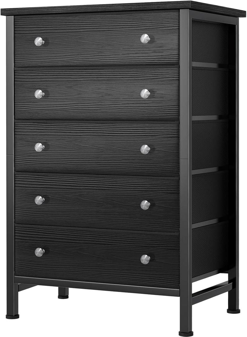 BOLUO Black Chest of Drawers for Bedroom Dresser with 5 Drawer Fabric Dressers for Closet Modern