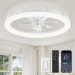 LEDIARY 20 Inch Low Profile Ceiling Fans with Lights and Remote, Dimmable Modern Fan Light (3000K-6000K), 6 Speed, Reversible, APP & Remote Control, Flush Mount Ceiling Fan for Bedroom, White