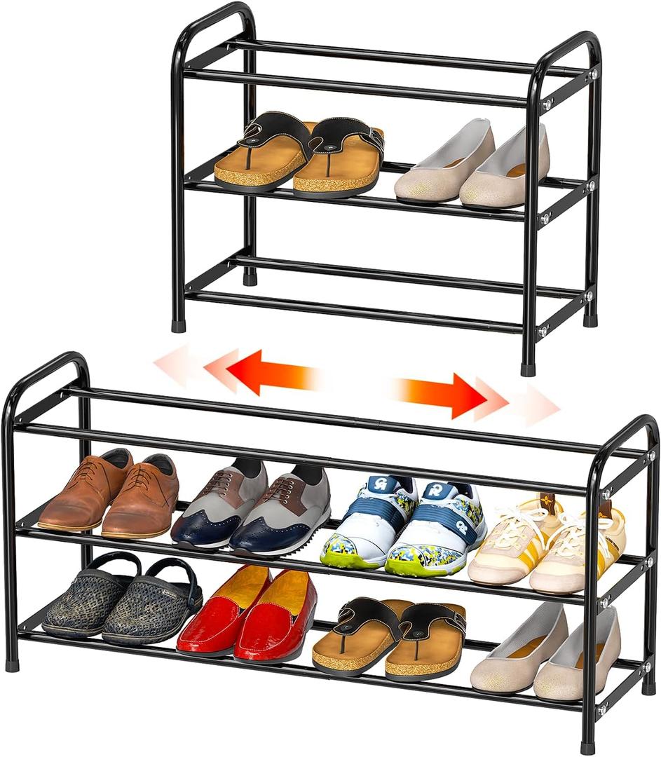 SUFAUY 3 Tier Expandable Shoe Rack for Closet, 18-32 Wide Adjustable Metal Shoe Organizer Cabinet Storage, Black