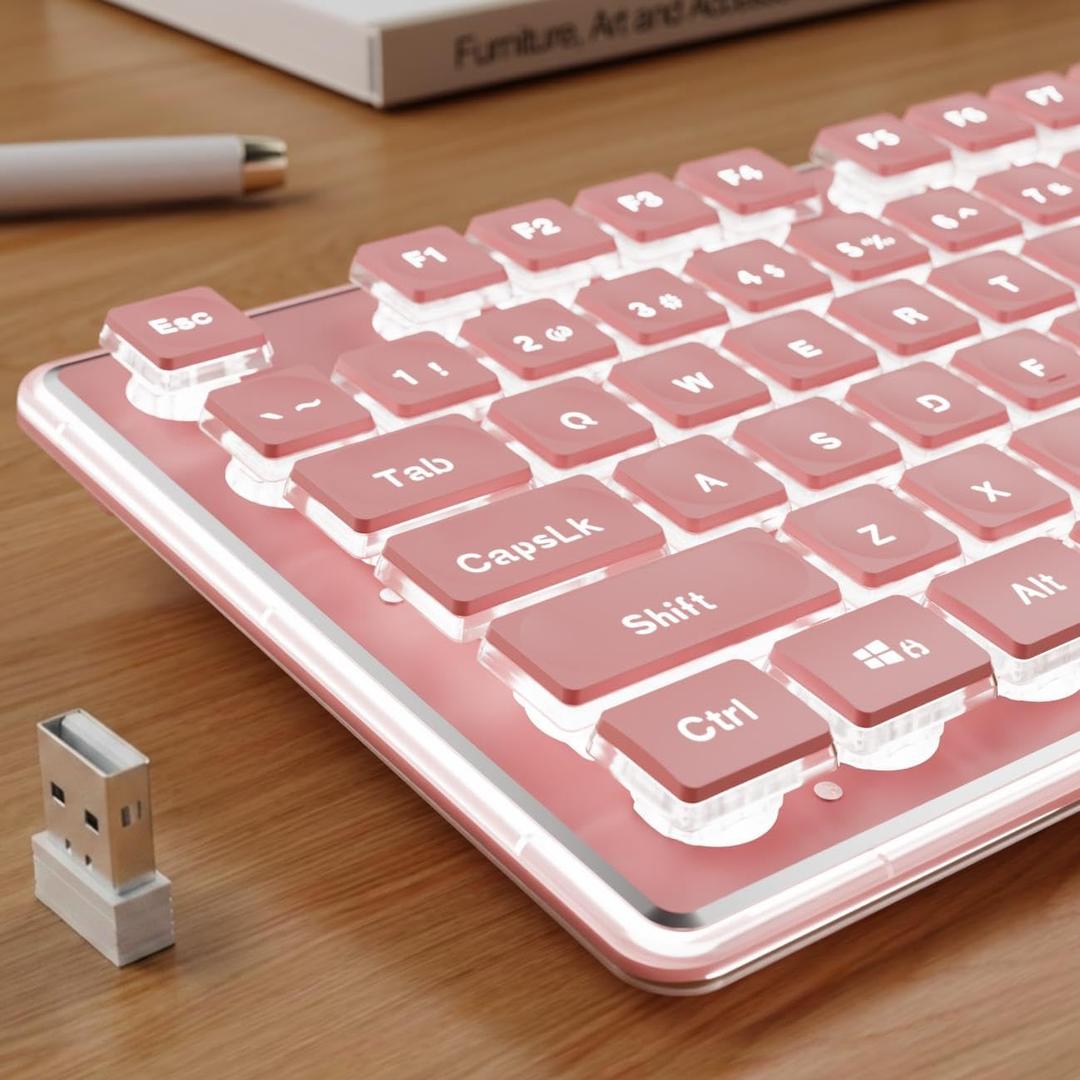 SEUNKWANG EWEADN X7S Wireless Keyboard with White Backlit, Metal Panel, 2.4G Rechargeable Computer Keyboard Silent Light up Full Size Cute Keyboards for Win & MAC - Pink