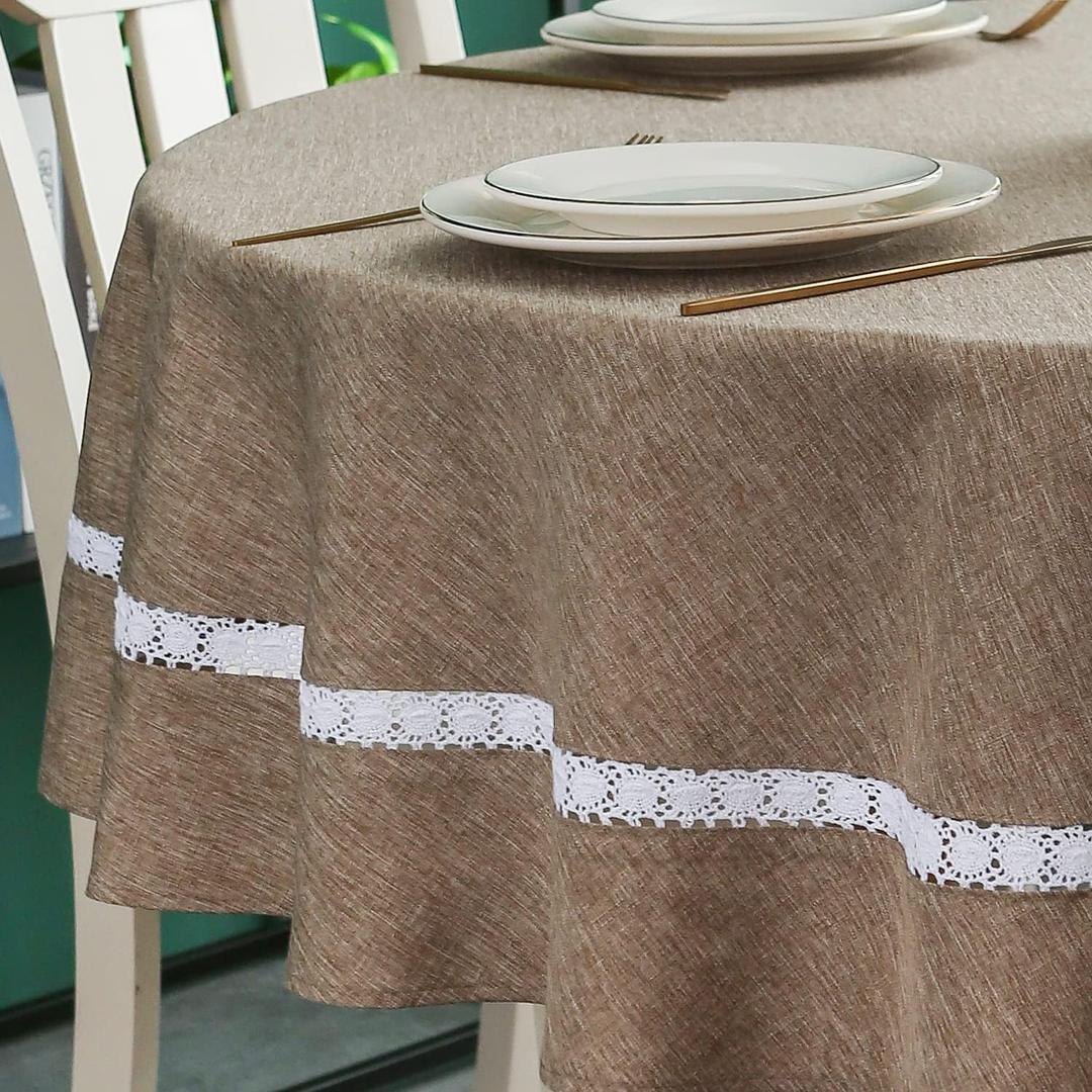 EHouseHome Heavy Duty Fabric Tablecloth with White Lace - Waterproof, Wrinkle Free, Stain Resistant, Oil Proof - for Dining, Indoor & Outdoor, Wedding, Holiday, Flax, Round 70 Inch (70" R, Flax)