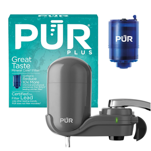 PUR Plus Vertical Faucet-Mount Water Filtration System, Lead-Reducing Filter, Easy Installation, 100-Gallon Capacity, Compatible with External Aerators, Grey