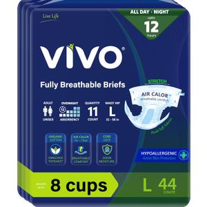 VIVO Organic Cotton Overnight Sensitive Skin Adult Incontinence Diaper Briefs with Tabs, Large, 44 Count