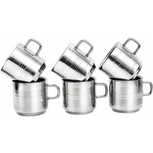 Small 4.5 oz Set of 6 Stainless Steel Double Walled Coffee & Tea Mugs with Handles, Unbreakable, Rust Proof Metal Cups for Camping, Hiking, Trekking, Travel, Outdoor Picnic, RV's, Dishwasher Safe