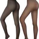 2 Pairs Women Fleece Lined Tights-Fake Translucent Leggings High Waist Pantyhose Sheer Thick Warm Tights For Women (Medium, Invisible Crotch-black+brown)