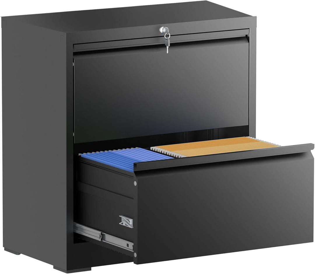 FOSTOKO 2 Drawer File Cabinet with Lock, 26.8" W Lateral Filing Cabinet, 26.8"W - 2 Drawer, Black