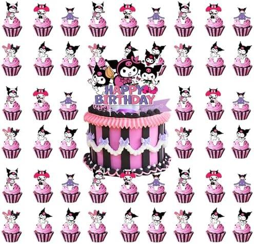 Educatgame 48 Kawaii Cupcake Toppers with 1 Happy Birthday Cake Topper, Cute Anime Themed Party Supplies, Perfect for Birthday Party Decorations (A)