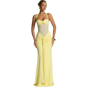 JUMISEE Womens Sexy Halter Twist Knot Maxi Dress Draped Ribbon Ruched Cocktail Dress Sheer Mesh Bodycon Formal Dresses (Yellow, Small)