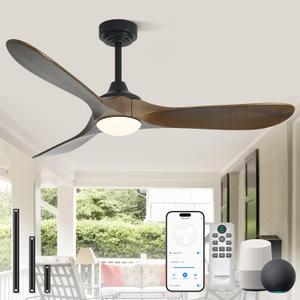 52 inch Outdoor Ceiling Fans with Lights,Smart Wood Ceiling Fan for Alexa,Google & APP Control,Indoor/Outdoor,3 Blades,3CCT Dimmable,Bronze Walnut,Downrod Mount for Patio Porch