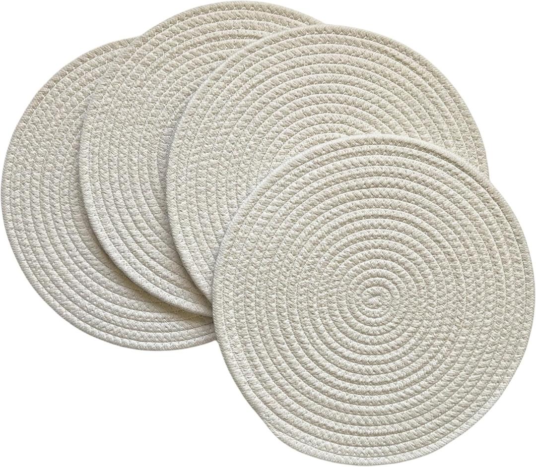 WAZAIGUR Round Placemats Washable Thick Cotton Absorbent 13 inch Round Table Mats for Kitchen Dining Table Set of 4 Round Woven Fabric Indoor/Outdoor Place Mats (Cream, 4)