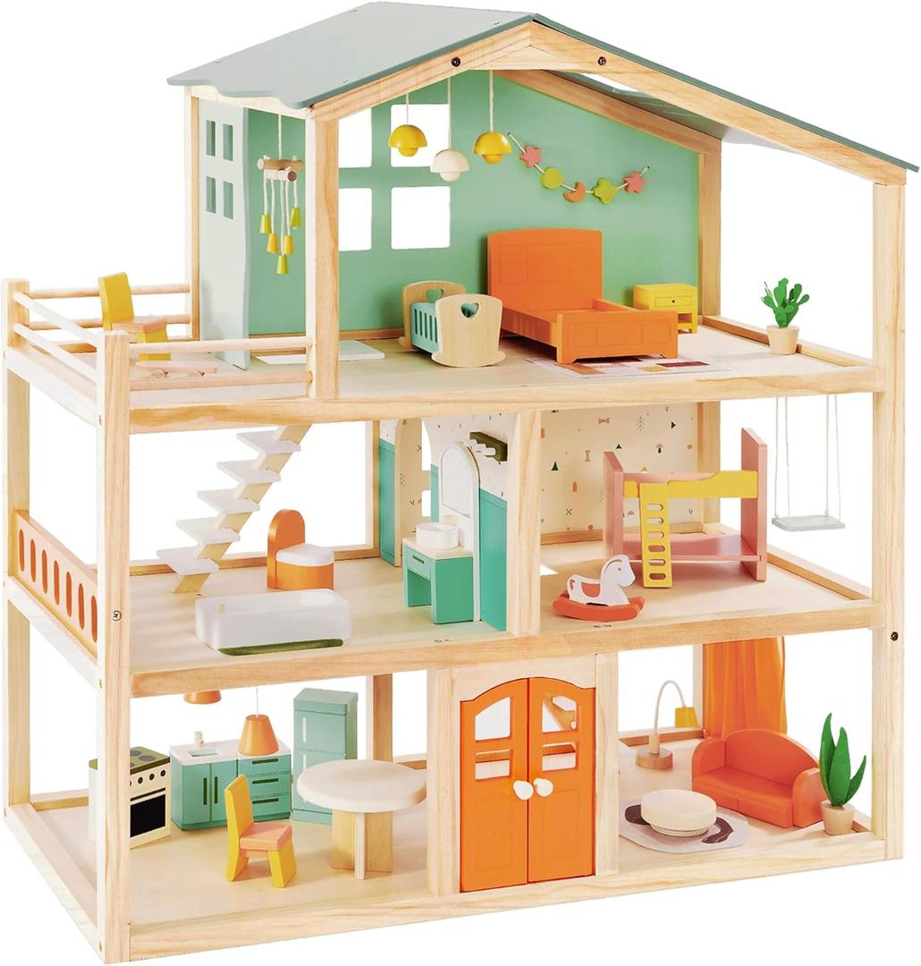 Large Wooden Dollhouse with 32 Pcs Furniture Accessories, 3-Story Doll House 5 Rooms Balcony Wooden Stairs, Ideal Dollhouse Playset Toy for Kids Ages 3+, 30" x 28" x 13" (Candy Color)