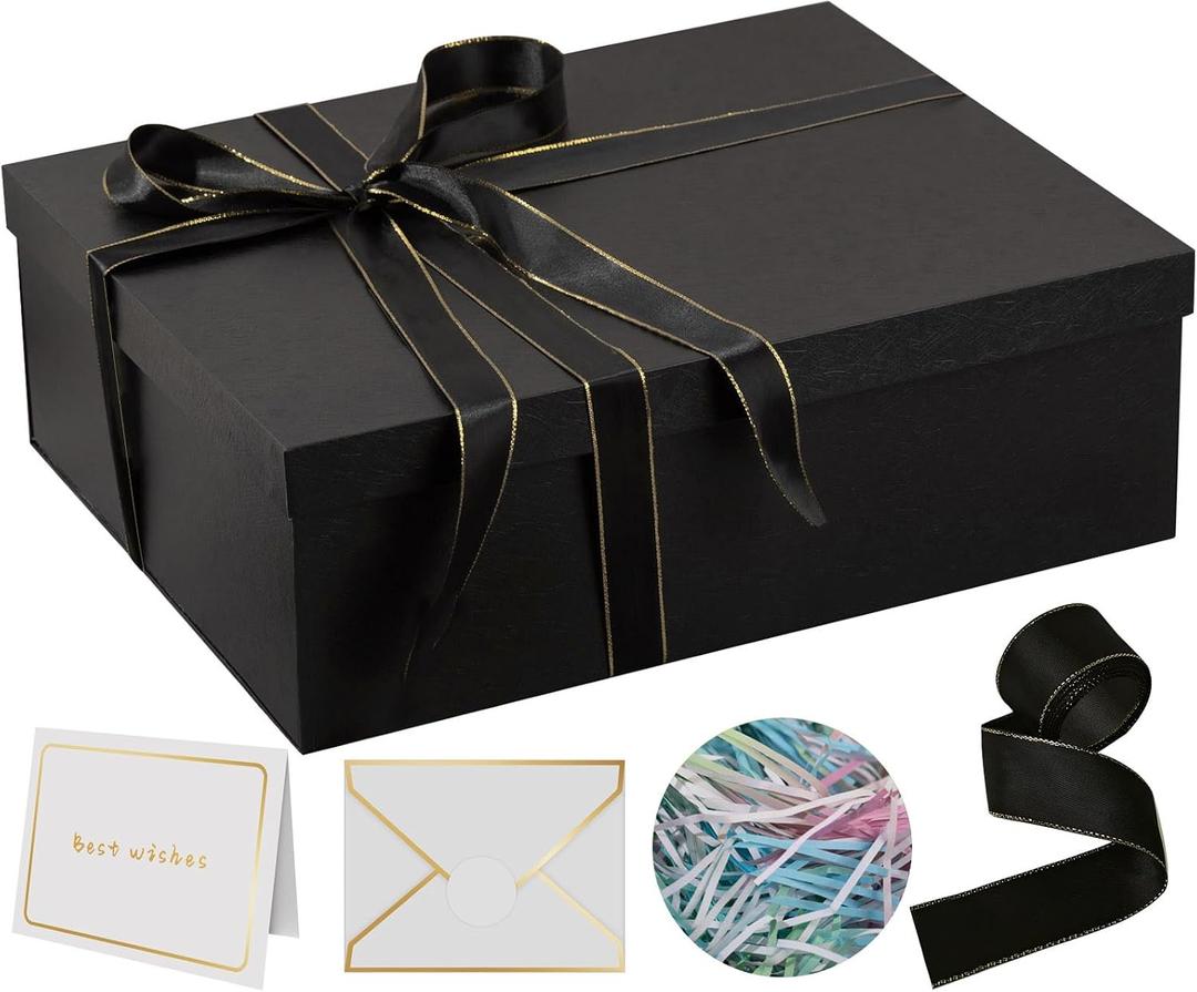 Rinrda Extra Large Gift Box 16.5x13x5.5 inches,Black Gift Boxes with Lids for Presents,Perfect for Birthday,Valentine's Day,Christmas,Anniversaries,Contains Card,Ribbon,Shredded Paper Filler., 1 count