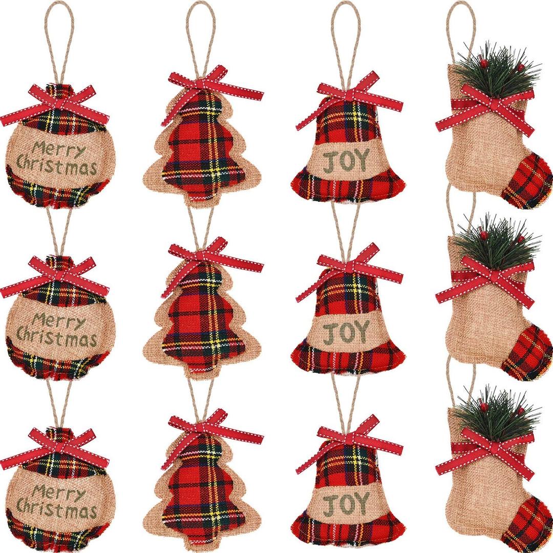 Jetec 12 Pieces Buffalo Plaid Christmas Ornaments Rustic Tartan Burlap Farmhouse Christmas Tree Decors Red Black Buffalo Xmas Tree Ball Plaid Stocking Bell Shaped Hanging Ornaments for Xmas Party