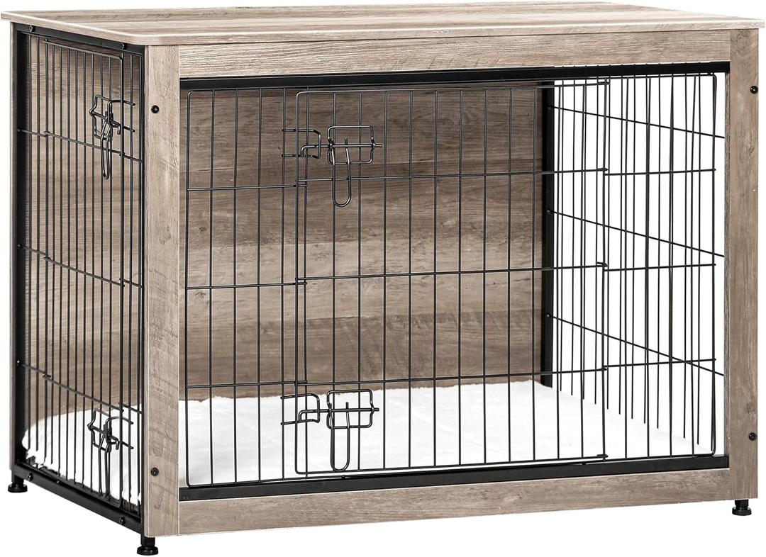 Dog Crate Furniture with Cushion, Wooden Kennel Table with Double Doors, Indoor Dog House, Large Size, 38.5" L, Greige