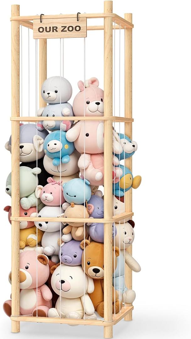 Woodure Stuffed Animal Storage & Organizer, Wooden Cute Zoo Toy Holder for Toddler Rooms, Playrooms & Bedrooms (Natural)