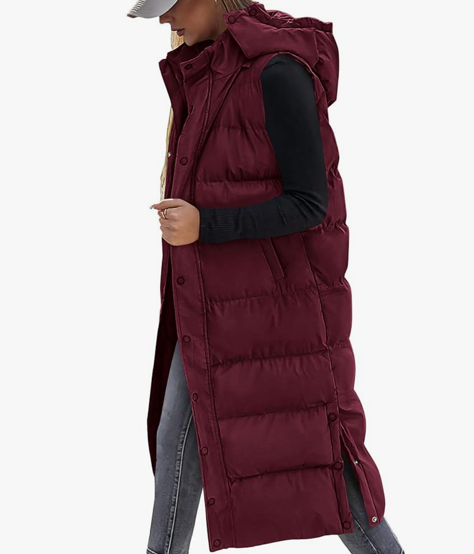 BTFBM Long Puffer Vest Women Quilted Hooded Button Down Zip Up Sleeveless Vests Outerwear Padded Jacket Fall Winter Coat M