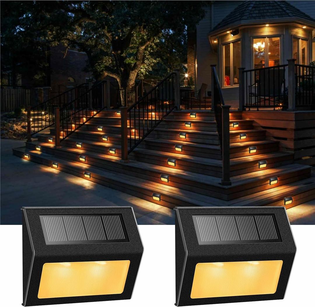 XLUX Solar Lights for Steps Decks Pathway Yard Stairs Fences, LED lamp, Rainproof, Black Metal Housing, 2 Pack(Warm Light)