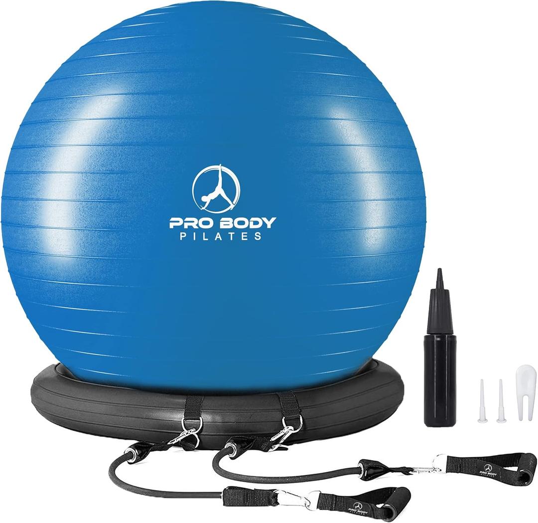ProBody Pilates Yoga Ball Chair, Exercise Ball Chair with Base or Stand for Home Office Desk Sitting or Workout, 65cm Antiburst Balance & Stability Ball Seat, Large Gym Ball for Back, Abs (Blue with Bands)