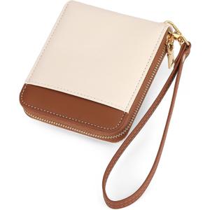 GAEKEAO Womens Wallet RFID Blocking Zip Around Wristlet Wallet Vegan Leather Card Holder Purse with Change Pocket (White & Brown)
