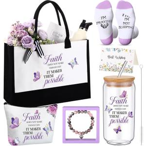 Pickmesh 7 Pack Christian Gifts for Women,Religious Church Gift Set for Mothers Day,Bible Tote Bag, Inspirational Coffee Cup, Christian Socks, Faith Makeup Bag, Stone Bracelet, Greeting Card with Box