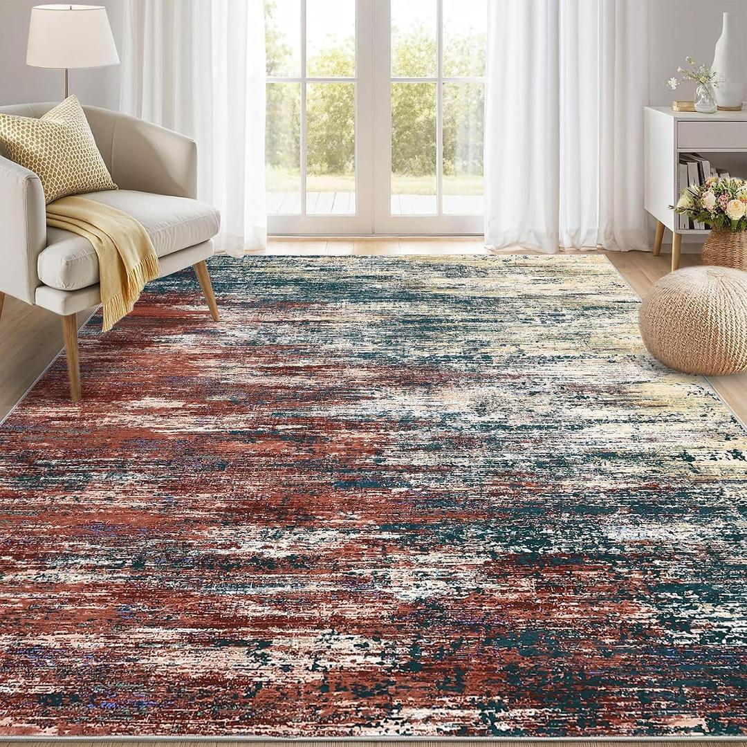 ROYHOME Modern Abstract Living Room Rug 8x10, Washable Area Rugs for Bedroom, Stain Resistant Non Slip Large Rug, Soft Indoor Carpet for Dining Room Table Home Decor, Red/Multi
