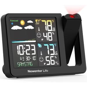 Projection Alarm Clock, Projection Clock for Bedroom Ceiling, Projector Clock with Weather Station, Indoor Outdoor Temperature Humidity Monitor, Forecast, Adjustable Backlight, Black, Atomic