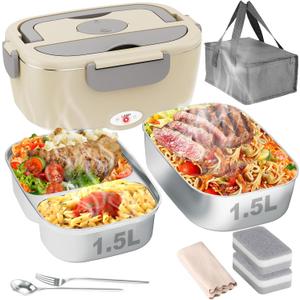 Electric Lunch Box for Men, Women & Adults - 80W Fast Heating - Heated Lunch Box with Dual 1.5L SS Containers - Portable Food Warmer for Car, Truck, Office (Cream)