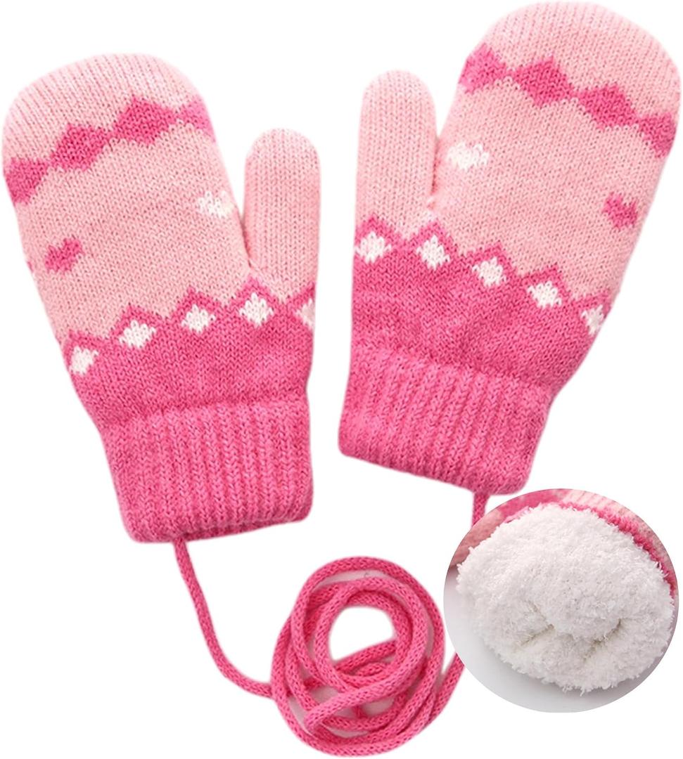 Toddler Warm Knit Mittens for Kids Girls Boys 3-5T | Soft Thick Faux Plush Lined, Windproof Elastic Cuffs, 31.5" Neck Lanyard, Easy Wear, Winter Gloves, Cold Weather Use