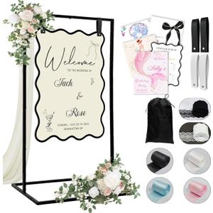 OurWarm Metal Wedding Sign Stand, Adjustable Welcome to Our Wedding Sign Holder, Heavy Duty Easel Stand for Sign W/Design Bundle & Leather Sign Hanging Straps, Seating Chart Stand, Easel for Display