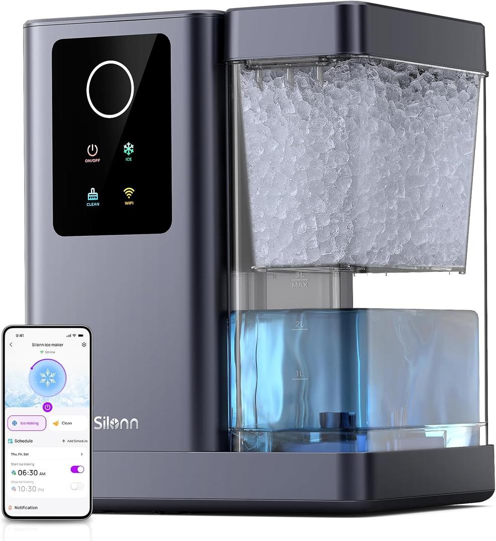 Silonn Nugget Ice Maker Countertop with APP & Voice Control, Self Cleaning Ice Machine with 3L Large Water Tank, 40 lbs/24H Soft Chewable Ice, Portable Pebble Ice Maker for Home, Kitchen and Party (Silver Gray)