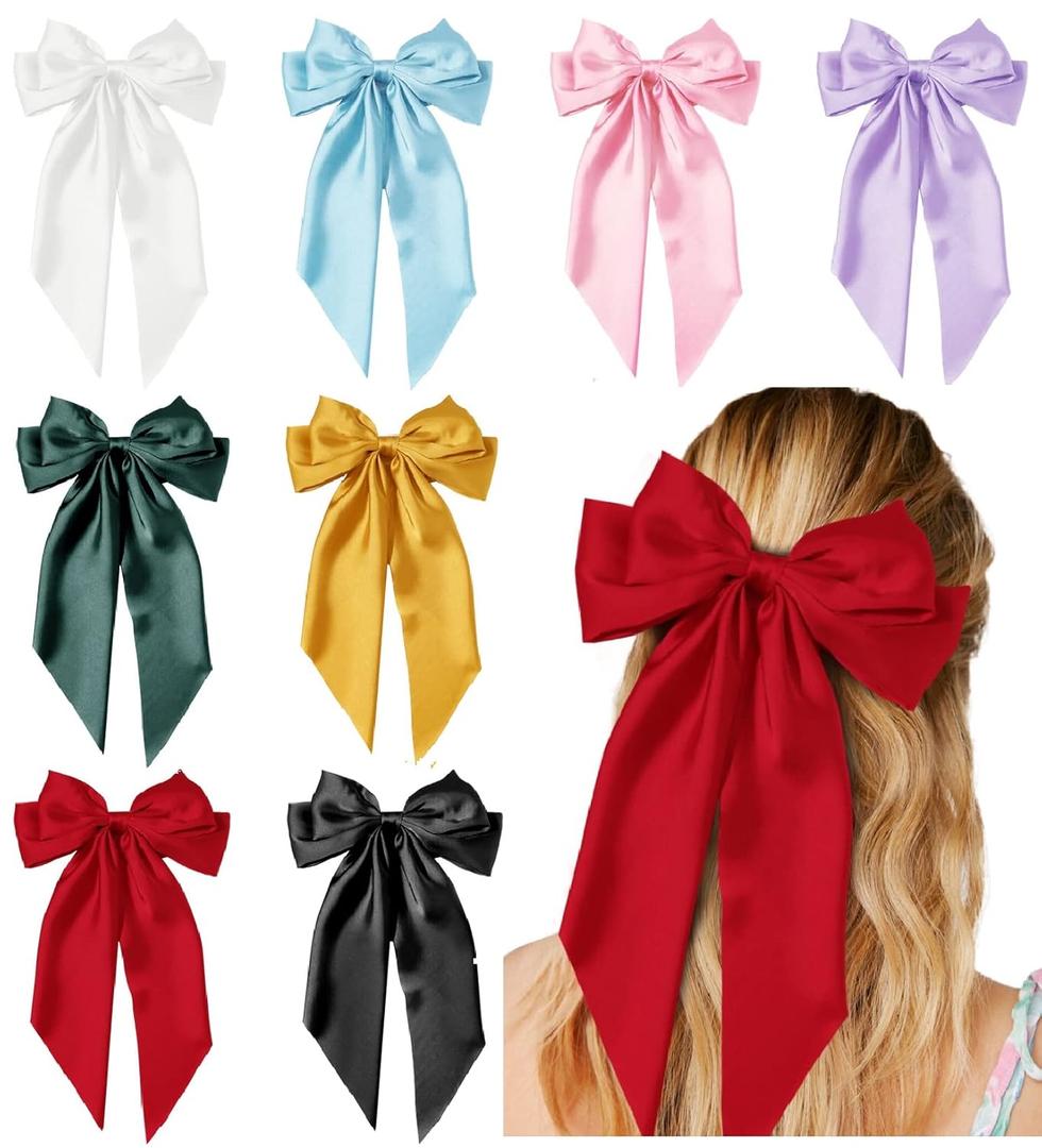 Hair Bows for Women Girls 8 PCS Hair Ribbon Bow Hair Clips with Long Tails Vintage Hair Accessories for Women (Variety)