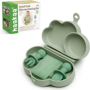 haakaa Cloud Crew Silicone Travel Baby Feeding Set with Foldable Suction Baby Plate, Silicone Bib, Baby Spoon and Fork, Waterproof Travel Bag, 6M+