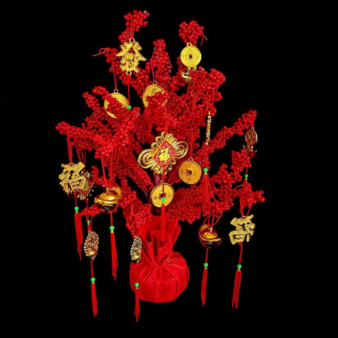 Artificial Money Fortune Tree -19.7inch, 2026 Spring Festival Lunar New Year Fortune Tree with Wealth Coins, Ingot, Fu, Knot for Asian Chinese Japan Vietnamese Horse New Year Decorations