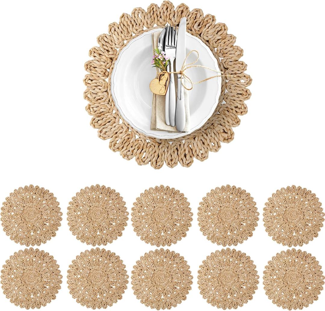 13.8" Corn Husk Woven Round Placemats Set of 10 - Wicker Boho Farmhouse Placemats - Rattan Table Mats Like Water Hyacinth for Dining Table, Wedding, Home