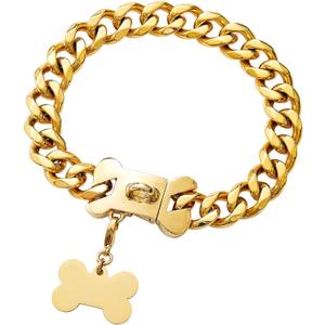 Strong Stainless Steel Thick Cuban Link Gold Dog Collar,Heavy Duty Chew Proof Metal Chain Fashion Necklace Collar for Large Dogs(Long 24'',Width 0.75'')