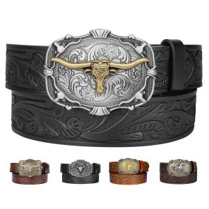 Kicoroiny Western-Style Embossed Leather Belt with Removable Zinc Alloy Bull Buckle for Men Women Unisex Cowboy Cowgirl Country Jeans Casual Pants Skirt 9 Holes 4mm Thick Christmas Birthday Gifts (10 - Black Belt/Bull Buckle(1pack), for 35"-38" waist)