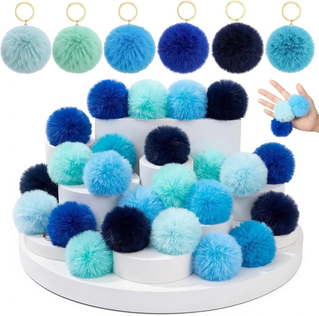 Hicarer 36 Pom Pom Keychains Easter Egg Stuffers Faux Rabbit Fur Pompoms Keyring Pompom Keychain, 2.4 Inch (Blue)