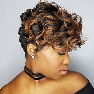Short Pixie Cut Wigs for Black Women Short Curly Pixie Wigs for Black Women Synthetic Hair Replacement Wigs with Bangs Daily Use Glueless Wig Full Machine Made Color F1B/30 CY#N36U