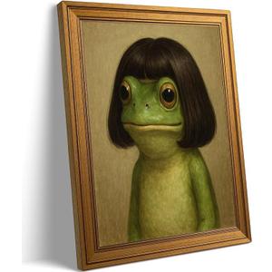 Vintage Gold Framed-Whimsical Frog Wall Art,Eclectic Frog Canvas Prints,Retro Animal Picture Artwork Wall Decor for Living Room Bedroom Bathroom 16x24-inch
