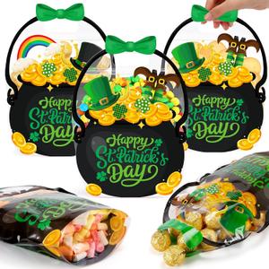 Fuutreo 25 Pcs St. Patrick's Day Gift Bags Black Cauldron Plastic Pouches with Handles Happy St. Patrick's Day Goodies Bags for Irish Holiday Party Candy Wrapping Supplies Decoration(Black Cauldron)