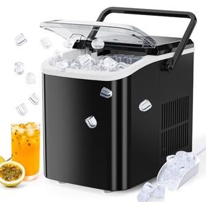 Sweetcrispy Countertop Ice Maker Machine, Portable Self-Cleaning Ice Machine with Ice Scoop, Basket and Handle, 9 Cubes in 6 Mins, 26.5lbs/24Hrs, 2 Sizes of Bullet Ice for Home Kitchen, Coal Black