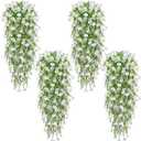 4PCS Artificial Hanging Flowers for Outdoors Summer Decoration, Fake Hanging Plants Faux Petunias with Eucalyptus, UV Resistant No Fade Plastic Realistic Silk Flowers for Porch Patio Balcony Indoor