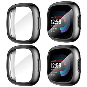 Suoman [4-Pack] for Fitbit Sense 2 /Versa 4 Screen Protector Case, Full Around Electroplate Soft TPU Bumper Around Protective Case Cover for Fitbit Sense 2/Versa 4 Smartwatch(Black+Black+Black+Black)