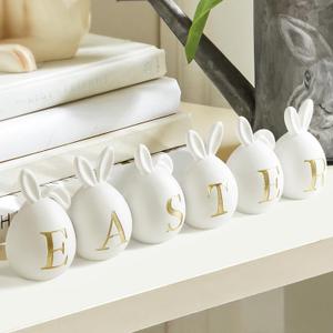 Easter Decorations Decor: 6pcs White Resin Easter Bunny Eggs Set Table Centerpiece, Cute Rabbit-Eared Easter Eggs for Spring Easter Basket Home Office Table Shelf Party Decor, Gifts for Kids