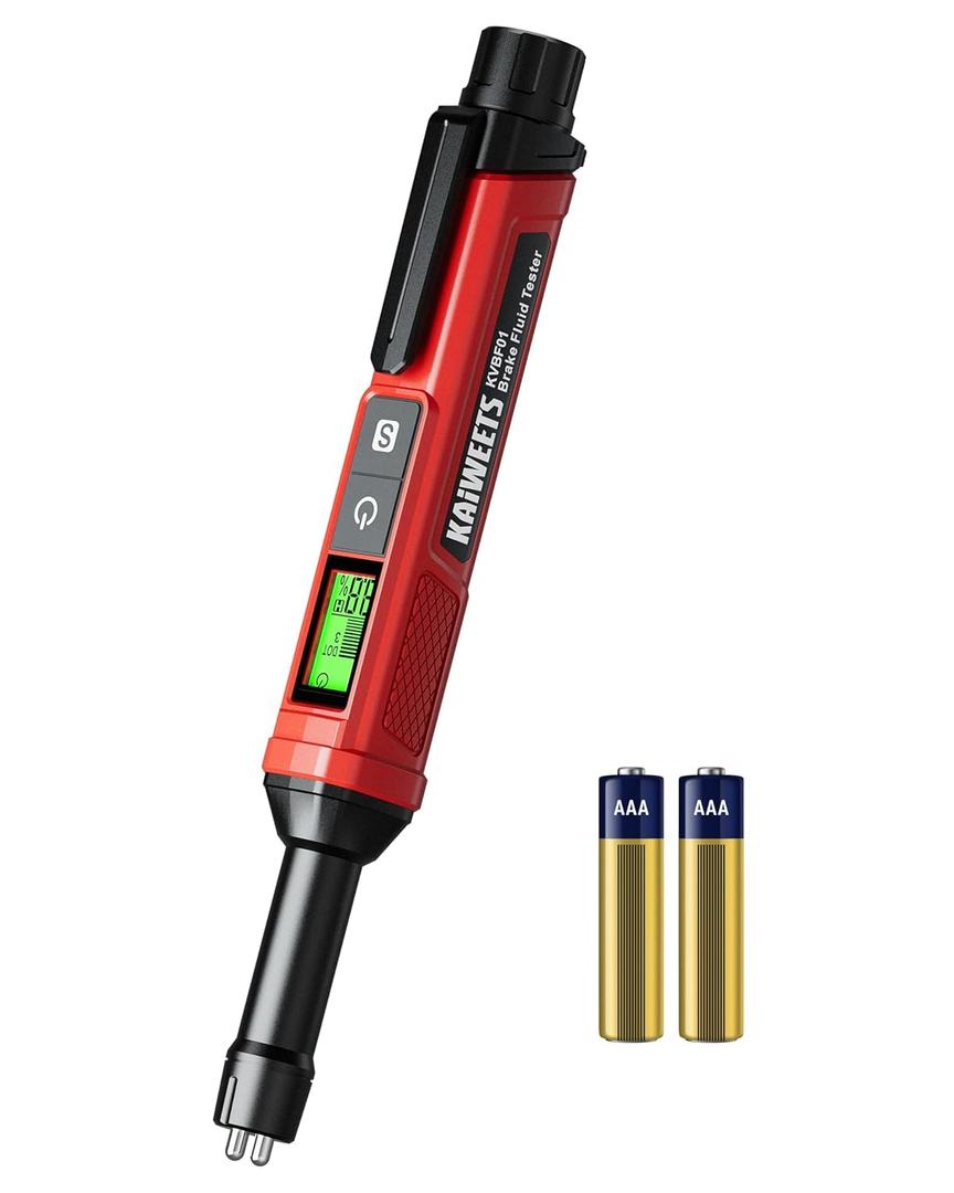 KAIWEETS Brake Fluid Tester Pen with Corrosion Resistance Probe, High-Precision Brake Fluid Moisture Tester with Data Hold Function, Buzzer Alarm, 3 Colors Backlight, Calibrated for DOT3, DOT4, DOT5.1 (Red)