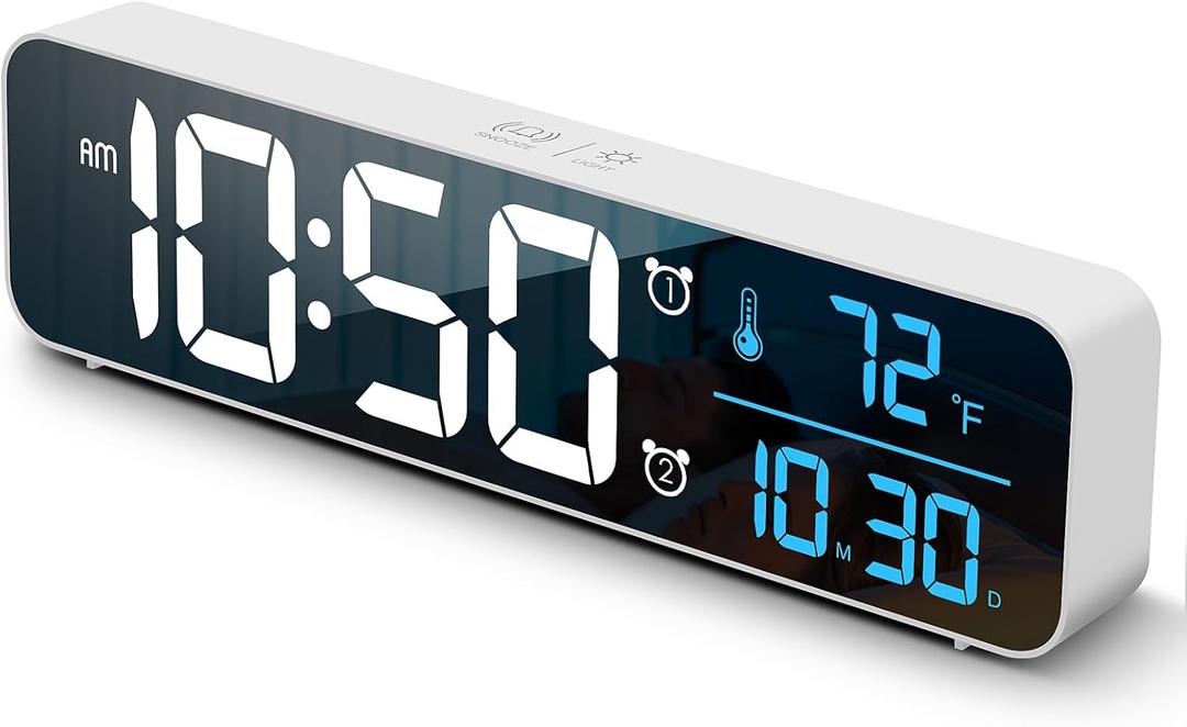 Digital Clock, Clock For Bedroom, Clocks For Living Room Decor, Desk Table Clock, Alarm Clock Large Display with Date Week Temperature, Automatic Brightness Dimmer, Smart Cool Modern (White Blue)